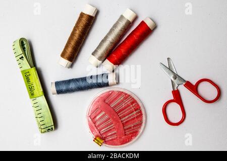 Sewing kit on white background Stock Photo