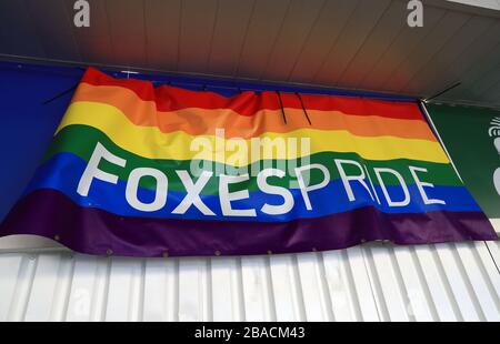 A banner for Foxes Pride is displayed inside the stadium ahead of the march Stock Photo