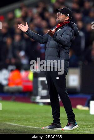 Liverpool manager Jurgen Klopp gestures on the touchline Stock Photo