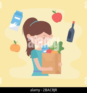 woman cartoon with paper bag supermarket food hoarding excess purchase vector illustration Stock Vector