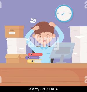 stressed businessman in desk with computer boxes binders and paper stacked clock in wall vector illustration Stock Vector