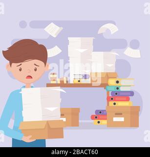 Stressed cartoon businessman in pile of office papers and documents ...