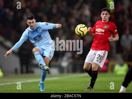 Burnley's Matthew Lowton and Manchester United's Daniel James (right) Stock Photo