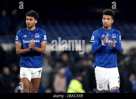 Everton's Dominic Calvert-Lewin (left) and Everton's Mason Holgate applaud the fans after the final whistle Stock Photo