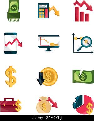 financial business crisis economy money stock market crash icons set vector illustration isolated icon Stock Vector