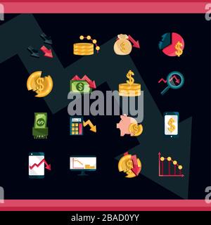 financial business crisis economy money stock market crash icons set vector illustration black background Stock Vector