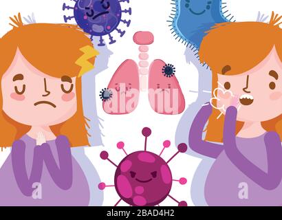 virus covid 19 pandemic, girl with symptoms of disease cough chill lungs illness respiratory vector illustration Stock Vector