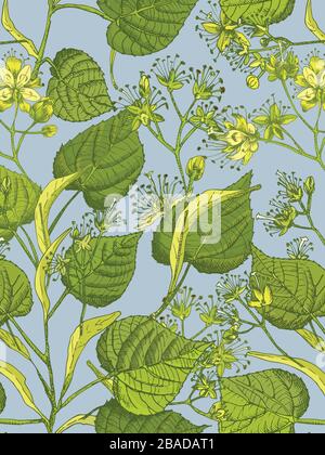 Linden blossom hand drawn seamless pattern with flower, lives and branch in yellow and green colors on blue background. Retro vintage graphic design Stock Vector