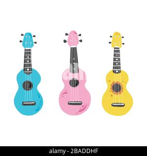 Cute cartoon ukulele for summer poster, card design. Little guitar, string music instrument of hawaii style. Vector illuatration of simple hand drawn style. Stock Vector