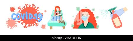 set of covid 19 hand drawing symbols, coronavirus quarantine object and women with red hair in flat style Stock Vector