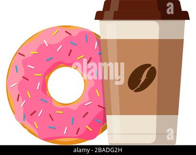 Cartoon colorful tasty donut and disposable paper cup coffee. Glazed doughnut with hot beverage vector isolated flat illustration Stock Vector
