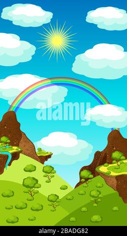Landscape, mountains and canyon, rocks, meadows, plants. Daytime sky with sun, clouds and rainbow. Vector Illustration of a cartoon summer or spring s Stock Vector