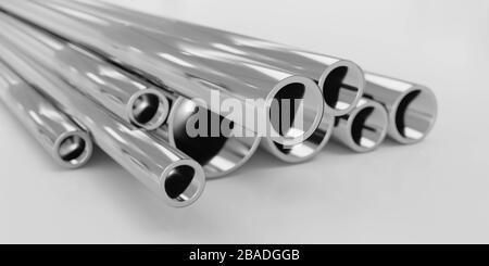 chrome steel products pipes and bars on white background 3d render illustration Stock Photo