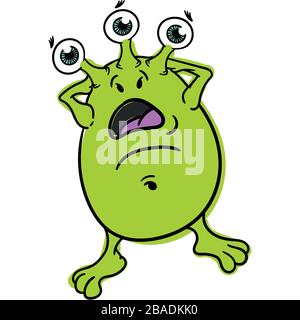 a scared, upset, three- eyed green alien holds its head, isolated on a white background, icon. Stock Vector