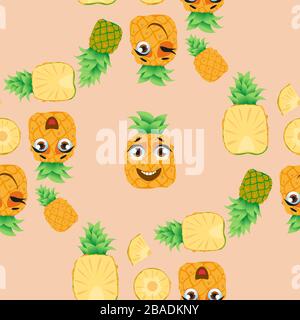Cute seamless pattern with cartoon emoji fruits Stock Vector
