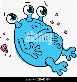 cartoon, cute three-eyed blue alien glutton, isolated on a white background, icon. Stock Vector