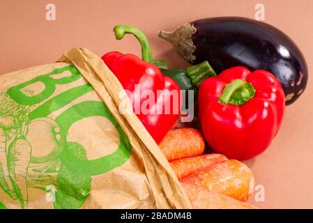 An environmentally friendly paper bag (with the text 'BIO' in green) filled with biological vegetables like carrot, aubergine, courgette, and paprika. Stock Photo