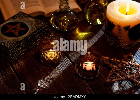 Wicca, esoteric and occult still life with vintage magic objects on witch  table altar for mystic rituals and fortune telling. Halloween and gothic con  Stock Photo - Alamy