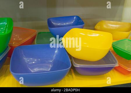 Reusable plastic container on the counter of the store Stock Photo