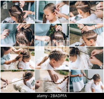 Collage step by step of hair braiding to little girl, close up photos. Stock Photo