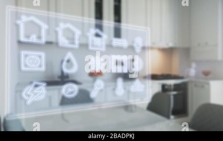 Smart home technology concept. Touch screen display of modern house control unit. Great design for wireless home automation systems concept. Stock Photo
