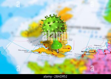 Covid-19 outbreak or new Coronavirus, 2019-nCoV, virus pin in London on map of United Kingdom. Covid 19-NCP virus: contagion and propagation of Stock Photo