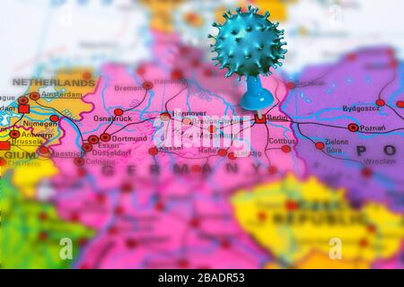 Covid-19 outbreak or new Coronavirus, 2019-nCoV, virus pin in Berlin on map of Germany. Covid 19-NCP virus: contagion and propagation of disease in Stock Photo