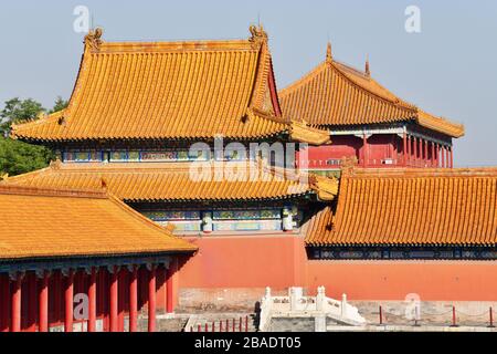 Compressed view of some of the red roofs of the ancient palaces of the Forbidden City in Beijing China Stock Photo