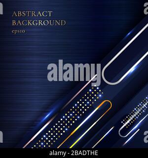 Abstract elegant metallic geometric golden diagonal rounded line on blue metal background and texture. Luxury style. Vector illustration Stock Vector