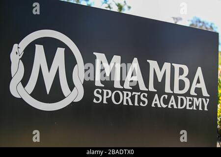 General overall view of signage outside the Mamba Sports Academy, Thursday, March 26, 2020, in Thousand Oaks, Calif. Kobe Bryant and daughter Gianna Bryant, were heading to the sports complex when on Sunday, January 26, 2020, they were among the people killed in a helicopter crash when a Sikorsky S-76B helicopter, piloted by Ara Zobayan, crashed around 30 miles northwest of downtown Los Angeles, en route from John Wayne Airport to Camarillo Airport.  (Photo by IOS/Espa-Images) Stock Photo