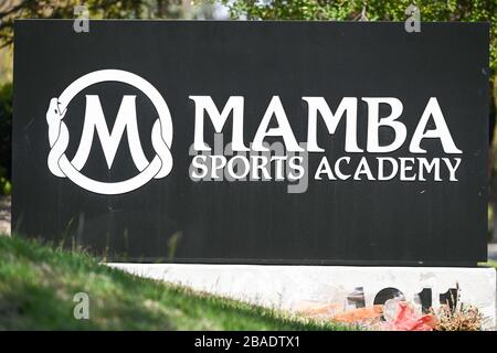 General overall view of signage outside the Mamba Sports Academy, Thursday, March 26, 2020, in Thousand Oaks, Calif. Kobe Bryant and daughter Gianna Bryant, were heading to the sports complex when on Sunday, January 26, 2020, they were among the people killed in a helicopter crash when a Sikorsky S-76B helicopter, piloted by Ara Zobayan, crashed around 30 miles northwest of downtown Los Angeles, en route from John Wayne Airport to Camarillo Airport.  (Photo by IOS/Espa-Images) Stock Photo