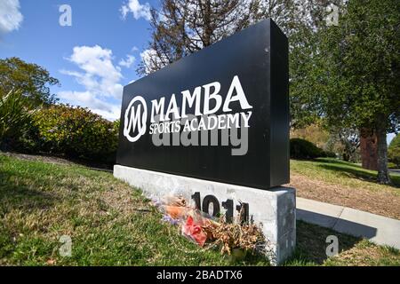 General overall view of signage outside the Mamba Sports Academy, Thursday, March 26, 2020, in Thousand Oaks, Calif. Kobe Bryant and daughter Gianna Bryant, were heading to the sports complex when on Sunday, January 26, 2020, they were among the people killed in a helicopter crash when a Sikorsky S-76B helicopter, piloted by Ara Zobayan, crashed around 30 miles northwest of downtown Los Angeles, en route from John Wayne Airport to Camarillo Airport. (Photo by IOS/Espa-Images) Stock Photo