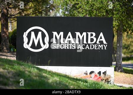 General overall view of signage outside the Mamba Sports Academy, Thursday, March 26, 2020, in Thousand Oaks, Calif. Kobe Bryant and daughter Gianna Bryant, were heading to the sports complex when on Sunday, January 26, 2020, they were among the people killed in a helicopter crash when a Sikorsky S-76B helicopter, piloted by Ara Zobayan, crashed around 30 miles northwest of downtown Los Angeles, en route from John Wayne Airport to Camarillo Airport.  (Photo by IOS/Espa-Images) Stock Photo