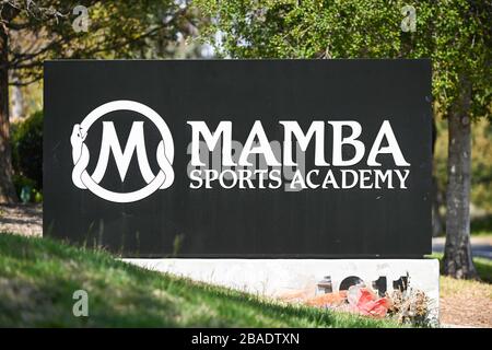 General overall view of signage outside the Mamba Sports Academy, Thursday, March 26, 2020, in Thousand Oaks, Calif. Kobe Bryant and daughter Gianna Bryant, were heading to the sports complex when on Sunday, January 26, 2020, they were among the people killed in a helicopter crash when a Sikorsky S-76B helicopter, piloted by Ara Zobayan, crashed around 30 miles northwest of downtown Los Angeles, en route from John Wayne Airport to Camarillo Airport.  (Photo by IOS/Espa-Images) Stock Photo