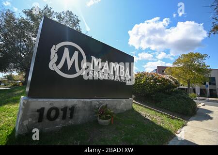 General overall view of signage outside the Mamba Sports Academy, Thursday, March 26, 2020, in Thousand Oaks, Calif. Kobe Bryant and daughter Gianna Bryant, were heading to the sports complex when on Sunday, January 26, 2020, they were among the people killed in a helicopter crash when a Sikorsky S-76B helicopter, piloted by Ara Zobayan, crashed around 30 miles northwest of downtown Los Angeles, en route from John Wayne Airport to Camarillo Airport. (Photo by IOS/Espa-Images) Stock Photo