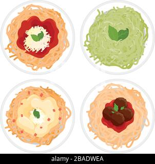 Dishes of spaghetti with cream sauce, tomato sauce, basil and pesto on white background. Stock Vector