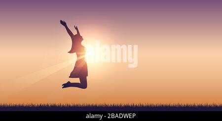 happy girl with raised arms jumps at sunshine vector illustration EPS10 Stock Vector