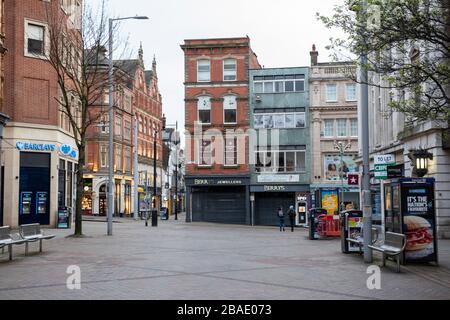 Empty Bridlesmith Gate and High Street on a Saturday afternoon during the Coronavirus COVID 19 pandemic, March 2020 Nottinghamshire England UK Stock Photo