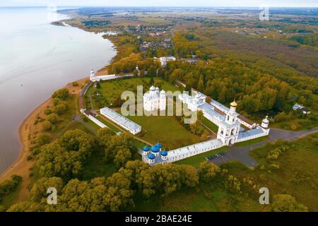 St. Yuriev Monastery on the banks of the Volkhov River on a September day (aerial photography). Veliky Novgorod, Russia Stock Photo