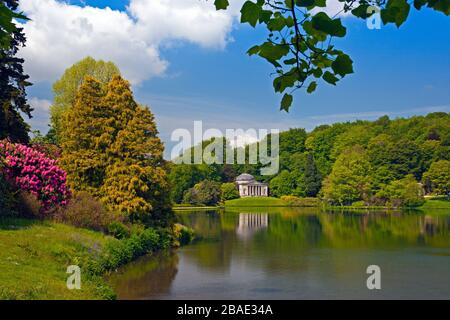 The brilliant spring colours of rhododendrons  and azaleas at Stourhead Gardens, Wiltshire, England, UK Stock Photo