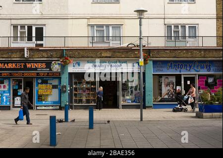 Chrisp Street Market, Polar, Tower Hamlets, London.  The market was designed by Frederick Gibberd, and built as part of the Festival of Britain in 195 Stock Photo