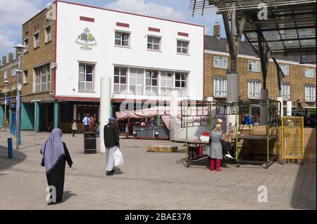 Chrisp Street Market, Polar, Tower Hamlets, London.  The market was designed by Frederick Gibberd, and built as part of the Festival of Britain in 195 Stock Photo