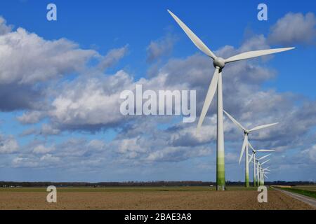 Line of modern windmills in typical Dutch agricultural landscape against blue sky with large white clouds Stock Photo