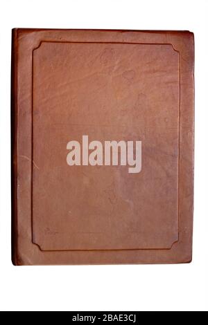 Antique brown aged leather cover with different spots isolated on white background Stock Photo