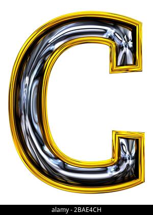 3D rendering. Uppercase Letter C. Pristine high resolution ABC render.  Recent Door number style font. Embossed steel bright. Gold rimmed. Isolated on Stock Photo