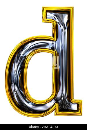 3D rendering. Lowercase Letter d. Embossed steel bright. Crisp high resolution ABC render.  New Door number style font. Gold rimmed. Isolated on white Stock Photo