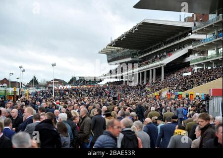 Crowds gather at Cheltenham Racecourse for the 2020 Festival of racing, one of the last big public gatherings under the cloud of coronavirus covid-19 Stock Photo
