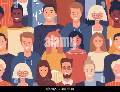 Vector seamless pattern in flat style with happy smiling people of different nationalities, cultures. Global society. Cultural diversity. Multiethnic Stock Vector