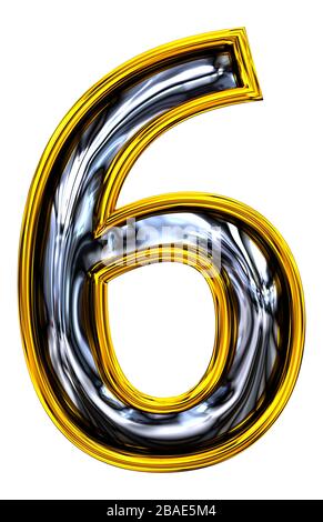 3D rendering, number six 6. Pristine high resolution ABC render.  Embossed steel blend. Breezy Door number style font. Gold rimmed. Isolated on white Stock Photo