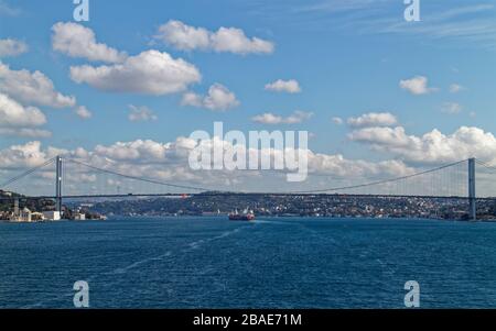 Approaching the Fatih Sultan Mehmet Suspension Bridge crossing the Bosphorus Straits in Istanbul. Stock Photo